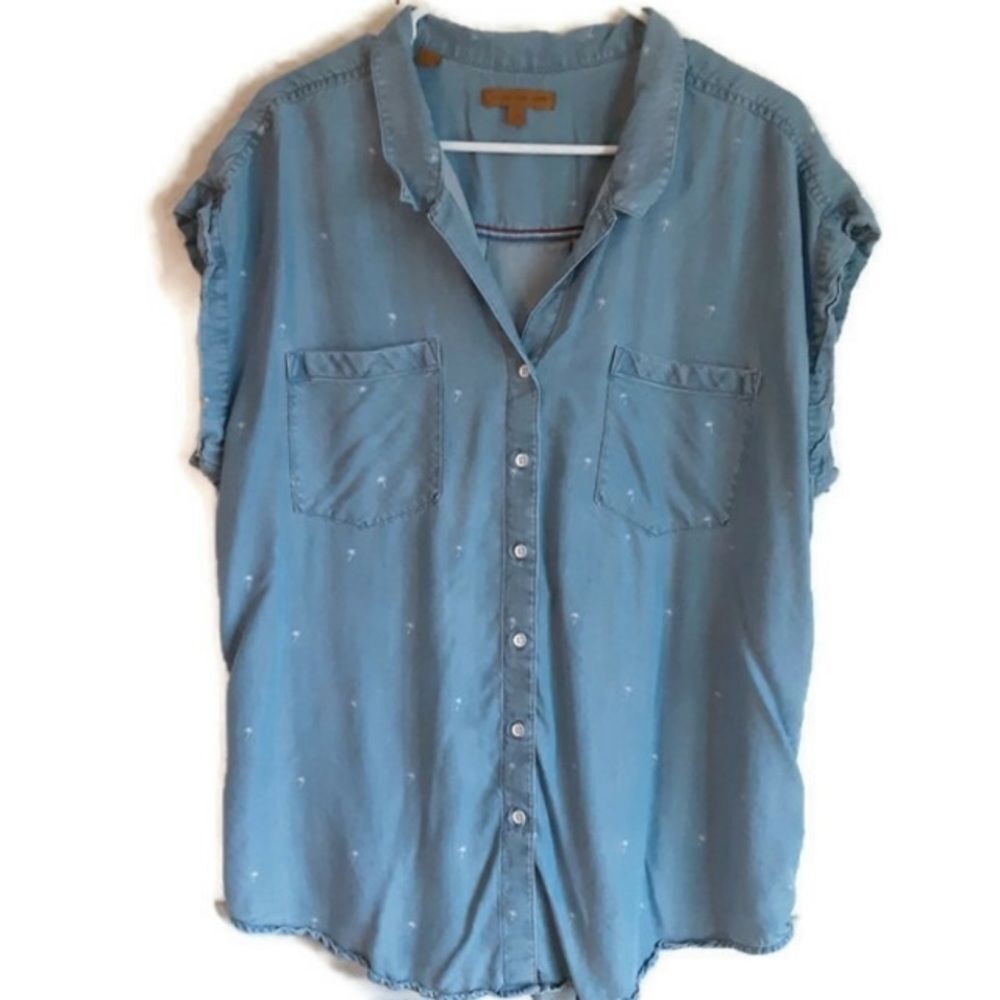 Jach's Girlfriend Sleeveless Denim Look Shirt Embroidered Palm Trees Size XL